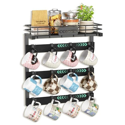 EsLuker.ly Coffee Mug Holder Cup Hanger Wall Mounted Display Rack | Metal Organizer with 12 Movable Plastic Hooks, Wood Rustic Shelf for Coffee Bar Home Kitchen, Thoughtful Wall Storage, Black - style: 12 Movable Hooks Black Style