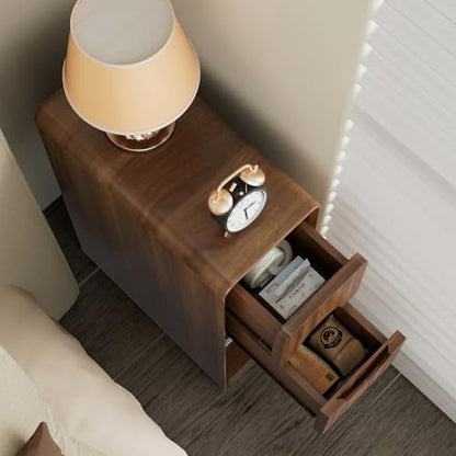 Narrow Walnut Nightstand Set of 2, Small Bedside Table with Circular Drawer, Mid Century Modern Night Stand, Slim Side End Table, Bedroom, Living Room, Wood, Skinny
