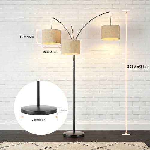 80 Inch Arc Floor Lamp with Remote Control, 3-Light Dimmable Standing Lamp | 2400LM Super Bright Tree Lamp for Living Room, Modern Tall Floor Lamp with Adjustable Arms&Weighted Base,3 LED Bulbs Included - color: Beige
