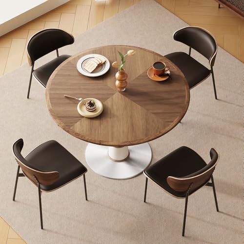 Modern Round Dining Table with Parquet Walnut Tabletop Seats 4-6 | 47.2" Small Circle Pedestal Kitchen Table with Metal Base for Dining Room, Kitchen, Apartment, Living Room