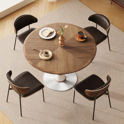 Modern Round Dining Table with Parquet Walnut Tabletop Seats 4-6 | 47.2" Small Circle Pedestal Kitchen Table with Metal Base for Dining Room, Kitchen, Apartment, Living Room
