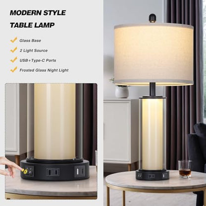 Black Glass Table Lamps Set of 2, 26" Living Room Lamp with Built-in Frosted Glass Night Light, Modern Bedroom Lamp with USB C+A Ports & AC Outlet, Bedside Lamps for Nightstand (4 Bulbs Included) - color: Black