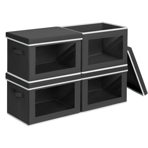 Storage Boxes with Lids - 4 Pack Fabric Clear Window Storage Bins, Large Decorative Storage Bins with Handles, Linen Closet Organizer for Clothes, Towel, Blanket, Black - color: Black, size: XL(4-Pack)