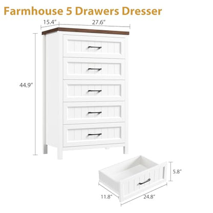 Jocoevol 5 Drawer Dresser for Bedroom - Farmhouse 44.9" Tall Chest of Dresser with Large Storage, Rubst Wood Construction for Living Room, Hallway & Entryway - White (White & Brown) - color: White & Brown