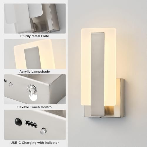 KARTOOSH Battery Operated Modern Wall Sconce Set of Two, Nickel | Rechargeable Wireless Wall Light with Remote Control, Dimmable 3 CCT, Timer, Night Mode, for Hallway, Bedroom, Living Room - color: Nickel