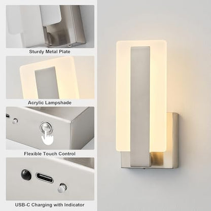 KARTOOSH Battery Operated Modern Wall Sconce Set of Two, Nickel | Rechargeable Wireless Wall Light with Remote Control, Dimmable 3 CCT, Timer, Night Mode, for Hallway, Bedroom, Living Room - color: Nickel