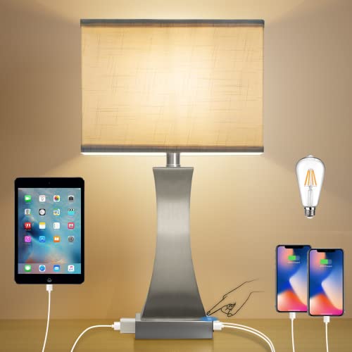 OYedis Table Lamp for Bedroom 3-Way Dimmable Touch Control Chrome Bedside Lamp with USB A+C Port & AC Outlet 21.6" Tall Nightstand Lamp for Living Room Office and Hotel Bulb Included (Nickel) - color: Nickel