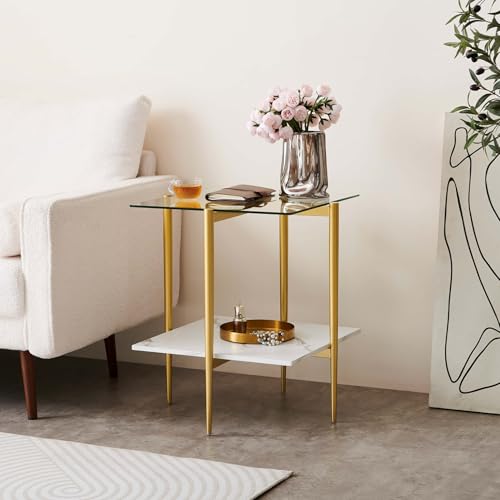 LumFurn Square Glass End Table, Mid-Century Modern Side Table for Living Room, L18xW18xH23inch, Clear Glass and White Marble MDF Wood, Gold Finish Frame - color: L18" Clear & White Marble