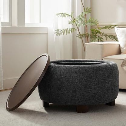 VKNOW 30" Round Storage Ottoman, Ottoman Coffee Table with Removable Wood Top and Solid Wood Legs for Living Room, Bedroom, Apartments (Black) - color: Black