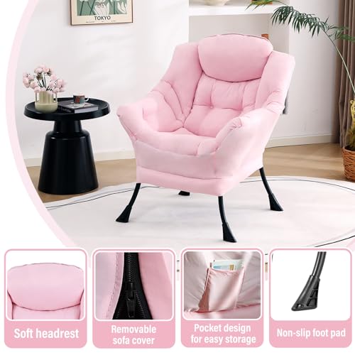 Lazy Chair, Comfy Reading Accent Chair for Bedroom, Pink | Comfy Bedroom Accent Chair with Washable Removable Cover and extra throw pillowfor Living Room Dorm - color: Pink-single