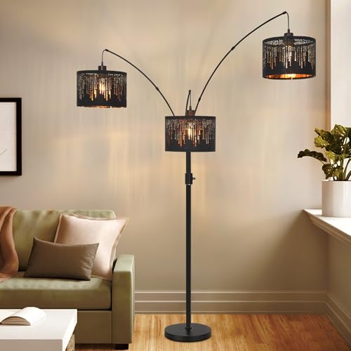 Dimmable Floor Lamp-3 Lights Arc Floor Lamps for Living Room,Modern Tall Standing Lamp With Black Drum Crystal Design Shades,Gothic Mid Century Tree Floor Lamp for Bedroom Corner,Bulbs Included - size: D