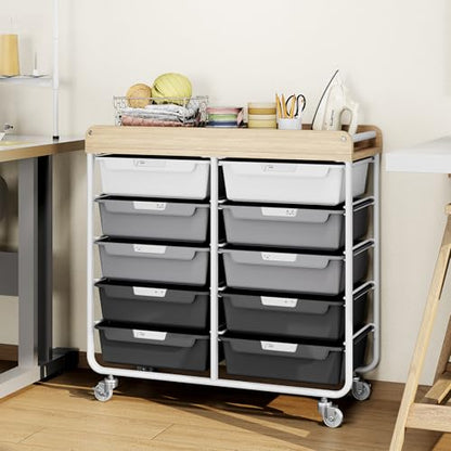 10 Drawer Rolling Storage Cart with Wood Top for Classroom Crafts Grey | Easy Setup, Large Capacity, Sturdy Build, Lockable Mobility, For office, classroom and home supplies - color: Grey