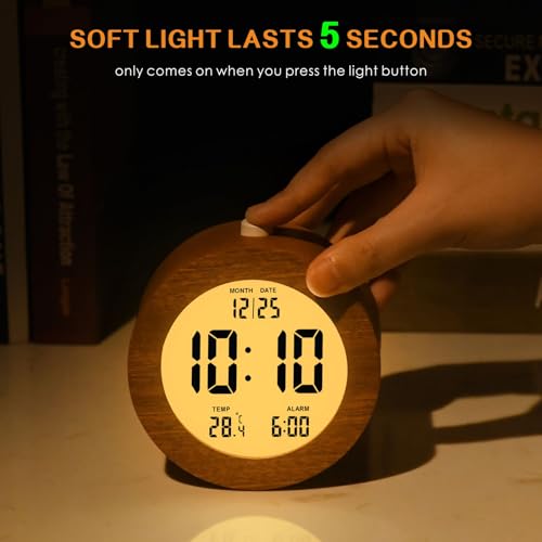 Plumeet Wooden Digital Alarm Clock for Bedrooms, Wood 4'' Battery Powered Alarm Clock with Snooze and Nightlight, Electronic LCD Desk Clock Display Time, Date, Temp, 12/24H, Wood Décor, Round, Sapele - color: Sapele, size: Round 4.1''