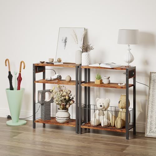 TRIFEBLE Narrow Side Table with Charging Station, Small End Table for Small Spaces, Slim Nightstand with Storage Basket, 3 Tier Skinny Bedside Table for Living Room, Bedroom, Rustic Brown - color: Rustic Brown