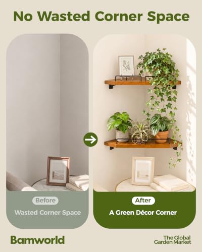 Bamworld Corner Shelf Wall Mounted Floating Corner Shelves 13 Inch Black Iron & Wood Plant Shelves Window Shelf for Plants 2 Pack