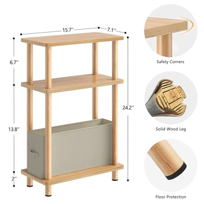 Apicizon Narrow Side Table with Fabric Basket, 3-Tier End Table, Natural | Sofa Side Table, Wood Storage Shelf, Slim Nightstand, Skinny Bedside Table for Narrow Spaces, Living Room, Bedroom - color: Natural, style: Narrow Side Table with Basket
