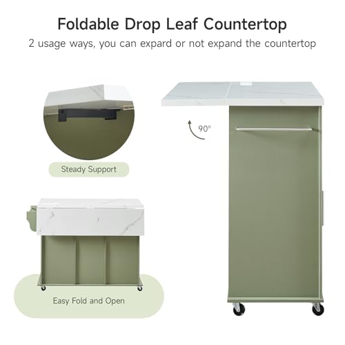 47" Kitchen Island with 2 Storage Cabinets & 5 Drawers, Green | Mobile Island Table for Kitchen with Imitation Marble Drop Leaf, Rolling Island Cart with Power Outlet, Spice Rack - color: Green