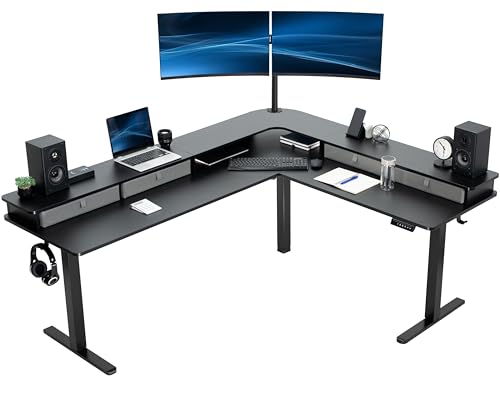 VIVO Black 75 x 63 in Corner Standing Desk, DESK-E3CVB-75 | Electric, 2-Tier, Holds 225 lbs, L-Shaped, Sit Stand, Height Adjustable, Memory Presets, Black Frame, Light Gray Drawers - color: Black Top / Black Frame, size: 75 x 63 + storage
