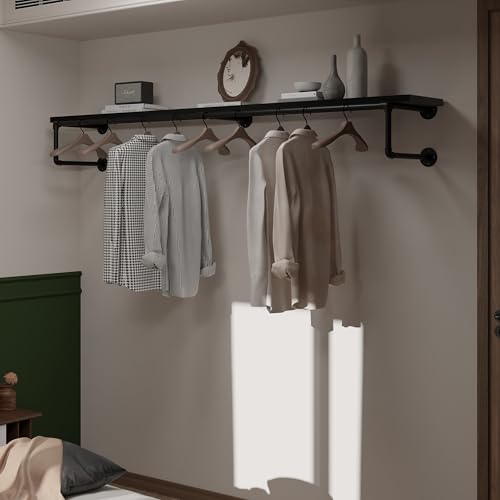 Clothes Rack 70in, Wall Mounted Garment Racks with Real Black Wood Shelf, Heavy Duty Hanging Clothes Rack, Multi-Purpose Hanging Rod, Space-Saving Closet Storage - color: Black, size: 1T70IN
