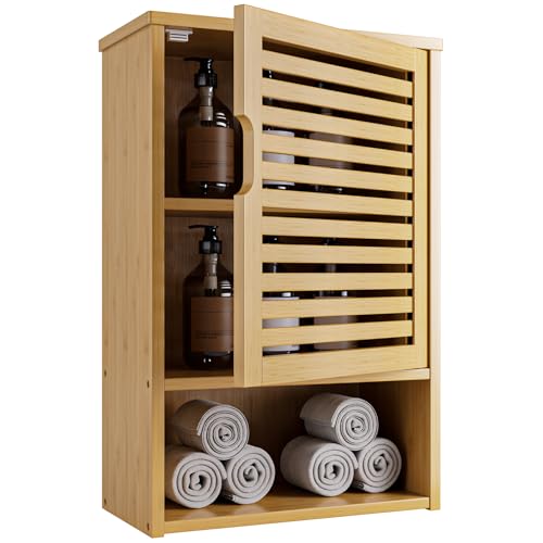 HITNET Bathroom Wall Cabinet, Medicine Cabinet Over the Toilet, Bamboo Hanging Storage Organizer with Single Door and Open Bottom Shelf, for Kitchen Living Room, Natural - color: Natural