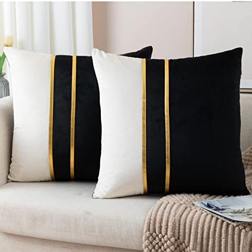 ZLINA Gold Leather Striped Throw Pillow Covers 16×16 Inch.Black | 2-Pack,Velvet fabric two tone pillow cover,with gold leather stripe decoration cushion covers,for Sofa Bedroom Home Decor - color: Black, size: 16" x 16" (Pack of 2)