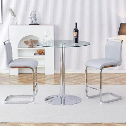 gopop 3 Piece Dining Table Set for 2, Modern Round Glass Counter Height Pub Table, Compact High Top with Bar Stools Pub Dining Set for Kitchen, Breakfast Room, Dining Room. (Light Grey, 3 Piece) - color: Light Grey