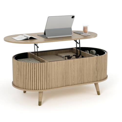 SULIVES Oval Coffee Table with Storage,Multifunctional Lift Top Drum Coffee Table, Small Fluted Center Table for Living Room, Oak - color: Oak_oval