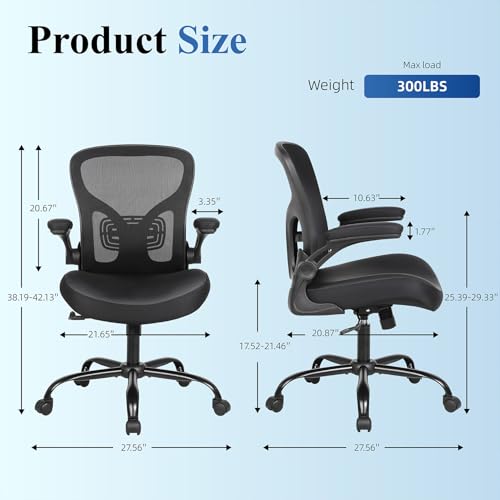 Ergonomic Office Chair, Flip-up Armrest, Mesh Back PU Leather Seat | Black Computer Desk Chair, Height Adjustable, Lumbar Support, Breathable Mesh Back, Thick PU Leather Cushion, 300lb Cap