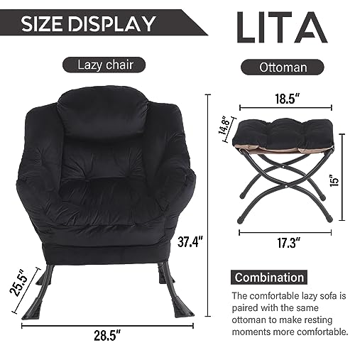 Lazy Chair with Ottoman, Comfy Accent Reading Chair, Velvet Black | Foldable Footrest,Removable Cover,with Armrests and Side Pockets,Upholstered Lounge Chair for Bedroom,Dorm,Office,Small Space - color: Velvet Black