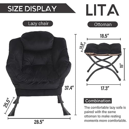 Lazy Chair with Ottoman, Comfy Accent Reading Chair, Velvet Black | Foldable Footrest,Removable Cover,with Armrests and Side Pockets,Upholstered Lounge Chair for Bedroom,Dorm,Office,Small Space - color: Velvet Black