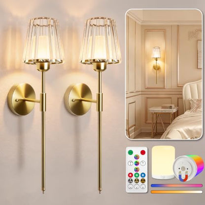 Adetu 23 Inch Crystal Battery Operated Wall Sconce Set of 2 | Gold Rechargeable Wall Sconce with 10000mAh Magnetic Bulbs, RGB Dimmable Wireless Battery Wall Lights for Bedroom Living Room - color: Gold, size: 23 Inch