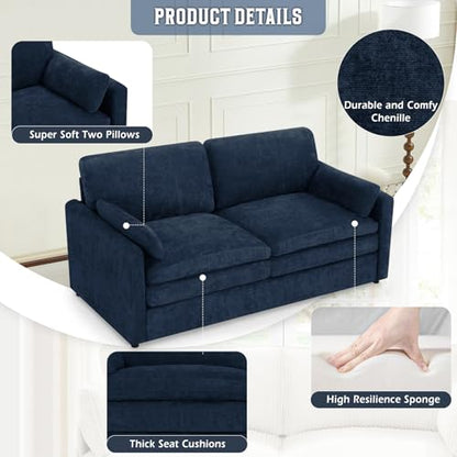 69" Chenille Modern Couch with Cozy & Soft Backrests, Blue | 2 Seats Sofa with 2 Extra Pillows, Comfy Upholstered Sofa with Thicker Cushions for Living Room, Office - color: Blue, size: Loveseat