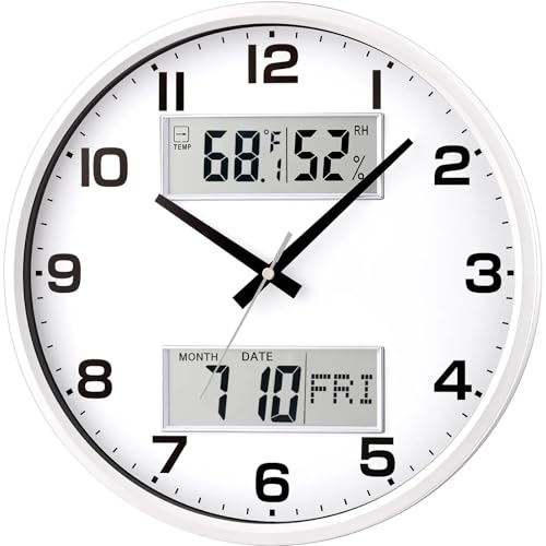 13" White Battery Powered Silent Wall Clock with Calendar Temperature and Humidity H-7326 - color: White