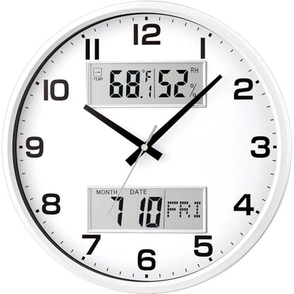 13" White Battery Powered Silent Wall Clock with Calendar Temperature and Humidity H-7326 - color: White