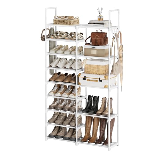WOWLIVE 9 Tier 2-Column Shoe Rack, 30-35 Pairs Stackable White | Compact 33.75in Long Fits Narrow Spaces, Removable Layers for Boots Heels, Split Design for Flexible Layout - color: White, size: 2 Row 9 Tier