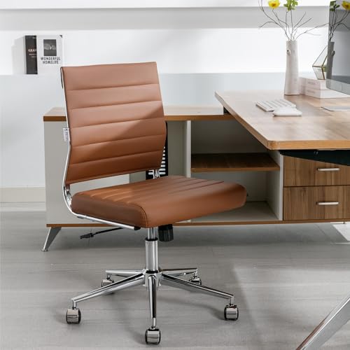 Okeysen Brown Armless Office Desk Chair, Mid Back Ergonomic Swivel Conference Room Chairs, Adjustable Height PU Leather Home Desk Chair, Modern Small Rolling Computer Task Chair - color: Brown