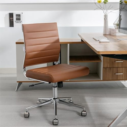 Okeysen Brown Armless Office Desk Chair, Mid Back Ergonomic Swivel Conference Room Chairs, Adjustable Height PU Leather Home Desk Chair, Modern Small Rolling Computer Task Chair - color: Brown