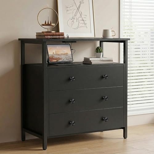 Edbuosy 27" Wide Nightstand with Charging Station & 3 Drawer, Black | Small Dresser for Closet, 2 AC Outlets & 2 USB Ports, Open Shelf, Adjustable Feet, Wood Nightstand for Living Room or Bedroom - color: Black, size: 3 Drawer
