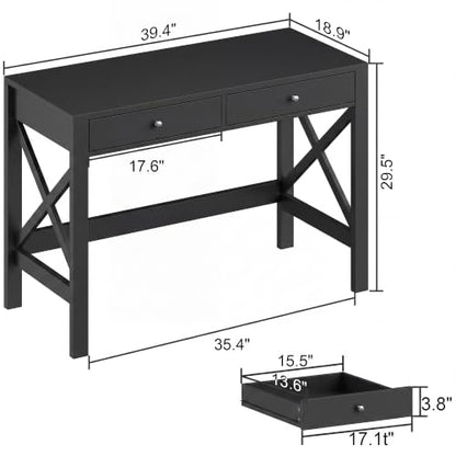 ChooChoo 40 Inches Farmhouse Computer Desk with 2 Drawers | Wooden Writing Desk, Study Desk for Home Office, Makeup Vanity, Black - color: Black, size: 40inch without Power Outlet