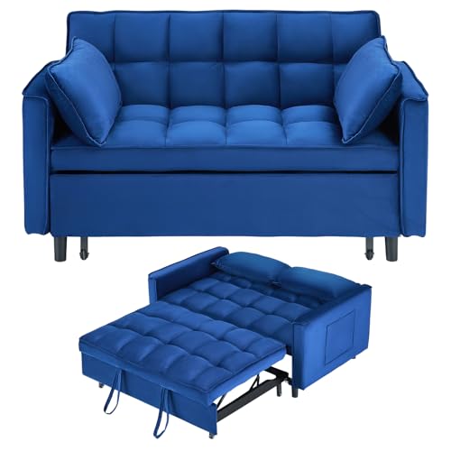 3 in 1 Convertible Sleeper Sofa Bed, Velvet Loveseat Futon Pull-Out Couch with Adjustable Reclining Backrest, Side Pockets and Pillows for Living Room, Bedroom, Apartment, Small Spaces (Blue-Velvet) - color: Blue-velvet