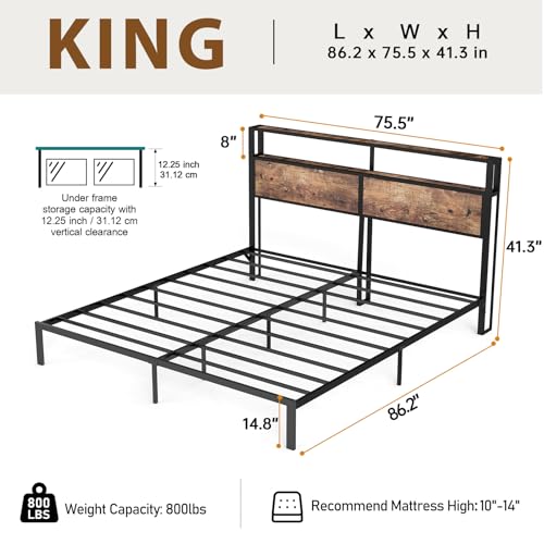 RVONOW King Size Bed Frame with 2-Tier Storage Headboard, Vintage Brown | Wooden headboard with LED lights, built-in charging station, No Box Spring Needed, Noise Free, Easy Assembly, Modern Bedroom - color: Vintage Brown, size: King