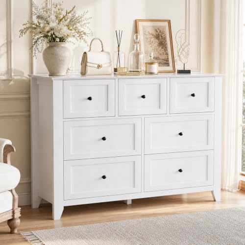 GarveeHome White 7 Drawer Dresser for Bedroom | Simply Modern Chest of Drawers, Wood Storage Double Dresser with Deep Drawers for Living Room, Hallway Entryway - color: White, size: 15.8"D x 54"W x 31.5"H (7 Drawers)