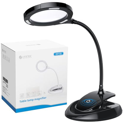 eSynic Desk Table Magnifying Glass with 15 LED Lights-800mAh Rechargeable | 5X & 10X Acrylic Lens-15 LEDs-3-Level Dimmable-Flexible Gooseneck-Clamp & Base Stand – for Reading/Soldering/Crafts/Elderly