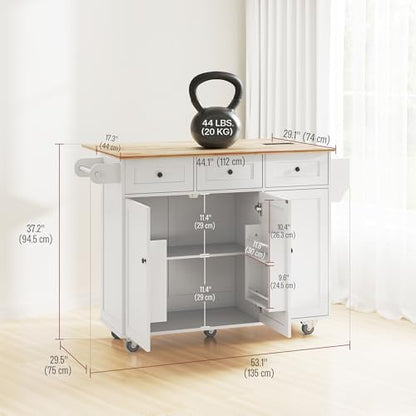 HOMCOM Rolling Kitchen Island Power Outlet Drop Leaf 53" Wood Top White | Island Table, 3 Drawers, Adjustable Shelf, Spice & Towel Rack, Kitchen Cart on Wheels
