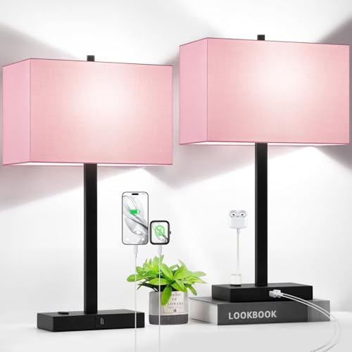 Lynnoland 21" Set of 2 Table lamp with USB A+C & AC Outlets, Touch Control 3-Way Dimmable Nightstand Lamps for Bedroom Living Room Office Reading, Pink Shade Touch Lamps, 5000K LED Bulbs Included - color: (2 Pack)Pink Line & Matte Black (Base)-Two 5000K B