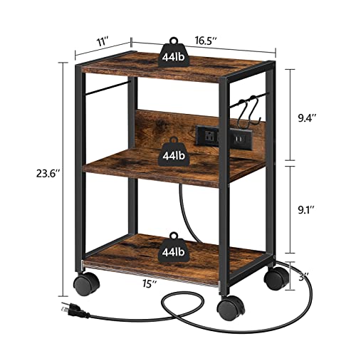 MAHANCRIS Industrial Printer Cart, 3-Tier Mobile Printer Stand, Rolling Cart with Power Outlets and USB Ports, Home Printer Stand with 2 Hooks, for Office, Living Room, Rustic Brown PTHR40E01Z - color: Rustic Brown