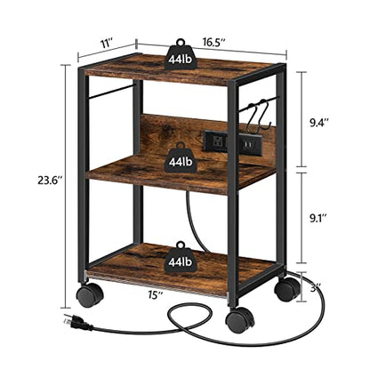 MAHANCRIS Industrial Printer Cart, 3-Tier Mobile Printer Stand, Rolling Cart with Power Outlets and USB Ports, Home Printer Stand with 2 Hooks, for Office, Living Room, Rustic Brown PTHR40E01Z - color: Rustic Brown