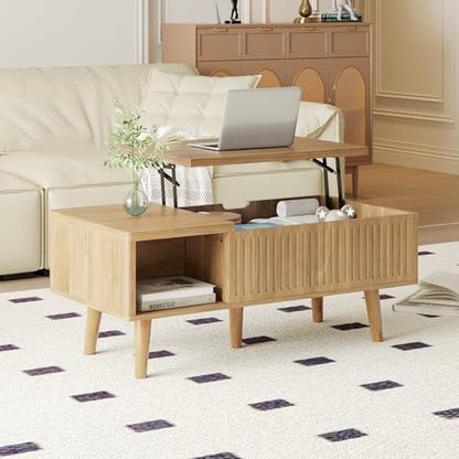 Coffee Table with Lifting Top,Wooden Fluted Coffee Table with Hidden Storage Space,2 Open Storage Compartments,Solid Wood Legs,Suitable for Living Room,Apartment,Office. (C-Lift Coffee Table-Oak) - color: C-lift Coffee Table-oak