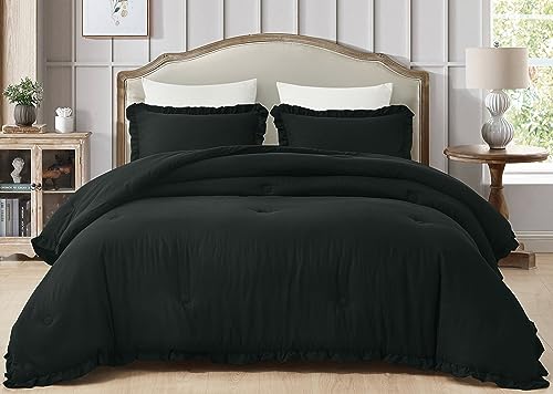 Chezmoi Collection Nora Black Comforter Set Full Size 3-Piece Fluffy Soft Stone-Washed Ruffled Shabby Chic Bedding for All Season - color: Black, Ruffled Edge, size: Full