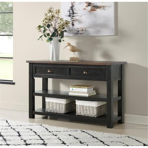 Martin Svensson Home Monterey Solid Wood Sofa Console Table, Black & Brown | Farmhouse Style, Pine Wood, Two Drawers, Two Open Shelves for Storage - color: Black With Brown Top